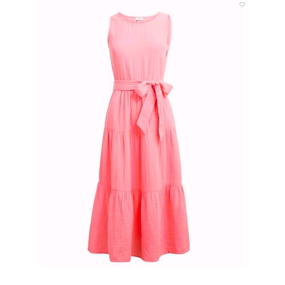 J.Crew Pink Textured Cotton Gauze Tiered Midi Dress with Belt Size 6